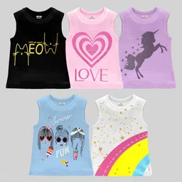 KUCHIPOO Pack Of 5 Sleeveless Unicorn & Rainbow Printed Tees - Black Pink Lilac Sky Blue & Whte-picture-22