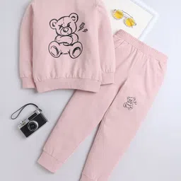 Aww Hunnie Cotton Terry Full Sleeves Teddy Bear Printed Sweatshirt With Coordinating Joggers Set - Peach-picture-14