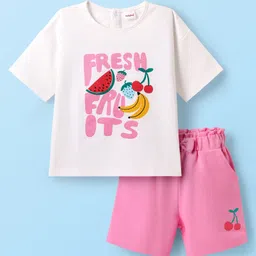 Babyhug Single Jersey Knit Half Sleeves Top & Shorts with Fruit Print - White & Pink-picture-18