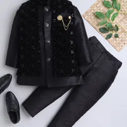Ahhaaaa Velvet Solid Kurta Pant With Sequins Embellished Ethnic Designed Jacket Set - Black image 1
