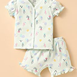 CUCUMBER Sinker Knit Half Puffed Sleeves Co-ords Shorts Night Suit with Sea Life Print - Sea Green-picture-29