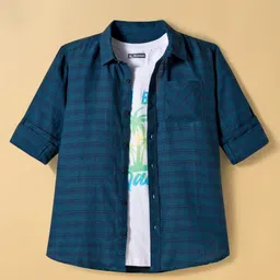 Pine Kids Cotton Woven Full Sleeves Checks Shirt with T-Shirt - Dark Green-picture-26