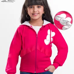 arias by lara dutta Arias 100% Cotton Fleece Knit Full Sleeves Hooded Sweatjacket With Foil Puffed Heart Patch - Dark Pink-picture-16