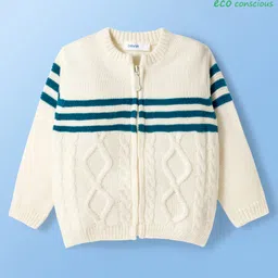 Babyoye Knit Full Sleeves Front Open Sweater with Cable Knit Design & Stripes - Off White-picture-13