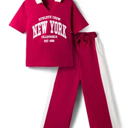 Pine Kids Single Jersey Knit Half Sleeves Top & Palazzo Set with New York Print & Tape Detailing - Dark Pink-picture-31