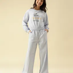Lil Tomatoes Cotton Looper Knit Full Sleeves Trend Setter Text Printed Light Winter Sweatshirt With Track Pants Set - Blue-picture-30