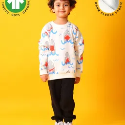 Anthrilo Fleece Knit Full Sleeves Shark Printed Sweatshirt & Joggers Set - Off White & Black-picture-24