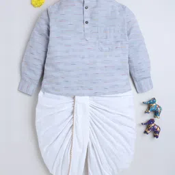 BAATCHEET Cotton Woven Full Sleeves Striped & Embroidered Kurta With Dhoti Set - Aqua-picture-10