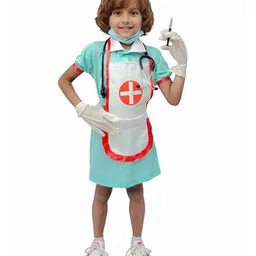 BookMyCostume Nurse Costume Set With Apron Hair Band Stethoscope Syringe Gloves - Sea Green & White-picture-14