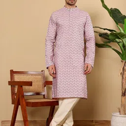 MULTI SHADES Chevron Mandarin Collar Thread Work Pure Cotton Straight Kurta With Pyjamas image 5