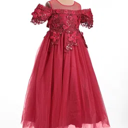 mark & mia Mark & MiaCold Shoulder Sleeves Floral Embroidered Party Gown with Applique - Maroon image 2