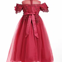 mark & mia Mark & MiaCold Shoulder Sleeves Floral Embroidered Party Gown with Applique - Maroon image 3