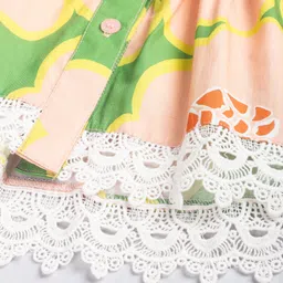 Hugsntugs Cotton Woven Half Puffed Sleeves Floral Printed & Lace Detailed Frock Style Top - Green image 4