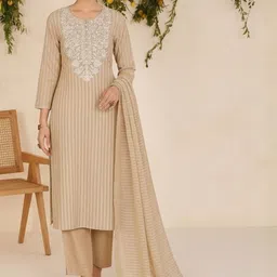 TANNAH Striped Printed Round Neck Chikankari Straight Kurta With Trousers & Dupatta-picture-10