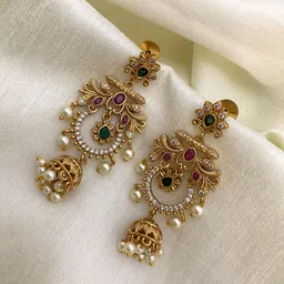 SUNERAA Gold-Plated Artificial Stones Studded & Beaded Dome Shaped Antique Jhumkas-picture-21