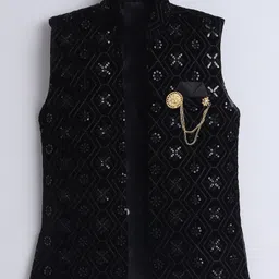 Ahhaaaa Velvet Solid Kurta Pant With Sequins Embellished Ethnic Designed Jacket Set - Black image 5