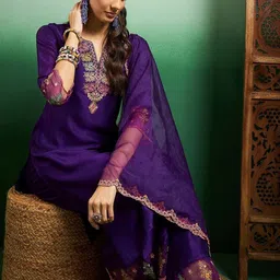 LIVIX Women Ethnic Motifs Embroidered Regular Thread Work Chanderi Silk Kurta with Trousers & With Dupatta image 4