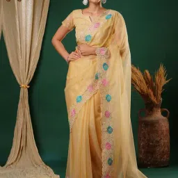 Satrani Pastel Yellow Embroidered Saree With Unstitched Blouse-image-66