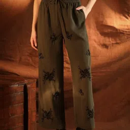Kazo Olive Relaxed Fit Embellished Pants image 1