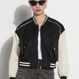 SHOWOFF Women Stand Collar Colourblocked Casual Varsity Jacket-image-80