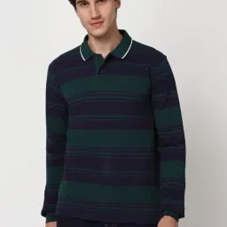 Peter England Green Cotton Regular Fit Striped Polo T-Shirt-image-9
