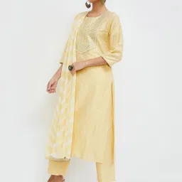 Melange by Lifestyle Light Yellow Embellished Kurta With Pants & Dupatta image 1