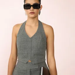 VIRGIO Grey Other Checks Sleeveless Top image 1