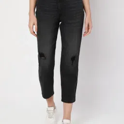 Vero Moda Black Cotton Distressed High Rise Mom Jeans-image-28