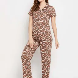 Clovia Brown Printed Shirt With Pyjamas image 3