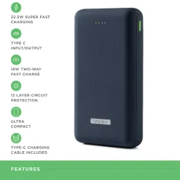 URBN 20000 mAh Lithium Polymer 22.5W Super Fast Charging Ultra Compact Power Bank (Blue) image 3