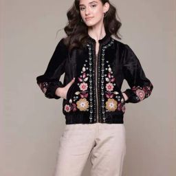 Label Ritu Kumar Black Tressa Velvet Bomber Jacket-picture-23