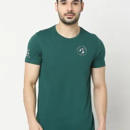 UnderJeans by Spykar Green Regular Fit Logo Print Cotton Crew T-Shirt image 1