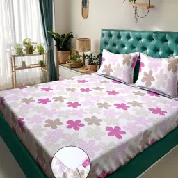 Klotthe White & Pink 300 TC Polycotton Double Elastic Bedsheet with 2 Pillow Covers image 1