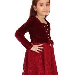 Cutecumber Kids Maroon Embroidered Full Sleeves Dress image 3