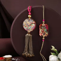 Aapno Rajasthan Multicolor Resin Work Pink & Gold Thread Bhaiya Bhabhi Rakhi image 1