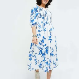 Colour Me by Melange White Cotton Printed A-Line Dress image 1