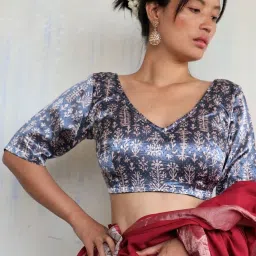 Chidiyaa Grey Block Printed Sahar Tie-Up Blouse image 1