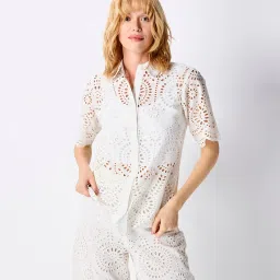 Cover Story White Self Design Schiffli Shirt image 1