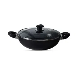 Bergner Essential Plus Press Aluminium Non-stick 24cm Kadai with Glass Lid, Induction Botton (Black) image 1
