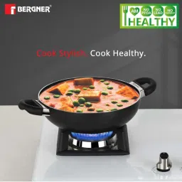 Bergner Essential Plus Press Aluminium Non-stick 24cm Kadai with Glass Lid, Induction Botton (Black) image 3