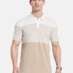 Octave Beige Cotton Regular Fit Colour Block Polo T-Shirt-picture-2