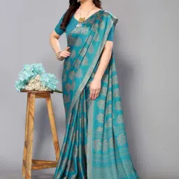 FABMORA Teal Blue Floral Print Saree With Unstitched Blouse image 4