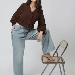 SHOWOFFFF Brown Cotton Solid Top image 5
