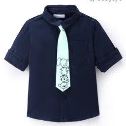 Babyoye  Cotton Spandex Woven Full Sleeves Solid Colour Party Shirt with Animal Printed Tie -  Blue-picture-22