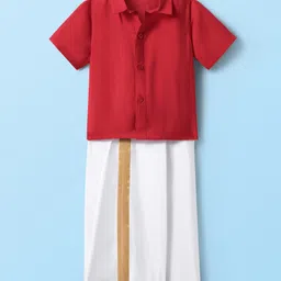 Babyhug Woven Half Sleeves Solid Color Shirt & Mundu Set - Red & White-picture-20