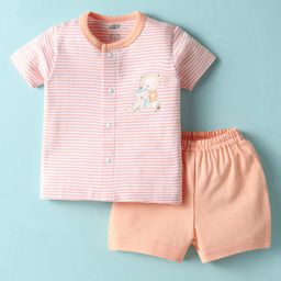 Zero Interlock Knit Half Sleeves Shorts Night Suit With Stripes & Teddy Bear Print - Orange-picture-4