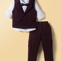 Robo Fry Cotton Woven Full Sleeves Solid 3 Piece Party Suit With Bow Applique - Wine-picture-20