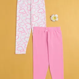 BUMZEE Cotton Knit Full Length Leggings With Heart Print Pack Of 2 - Pink & White-picture-35