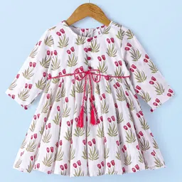 Babyhug Cotton Three Fourth Sleeve Floral Printed Kurta with Leggings - Off White image 2