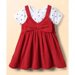 Babyhug Cotton Woven Frock & Half Sleeves Inner Tee With Polka Dot Print & Bow Applique - Red & White image 2